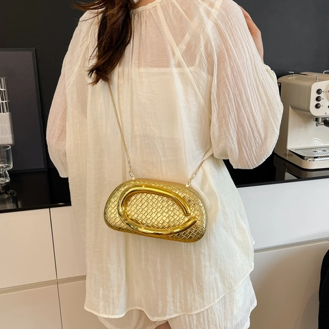 Goldene Gewebte Abendtasche PU Leder Clutch Mit Metallgriff Und Kettenriemen Damen Party Abendessen Modern Mode