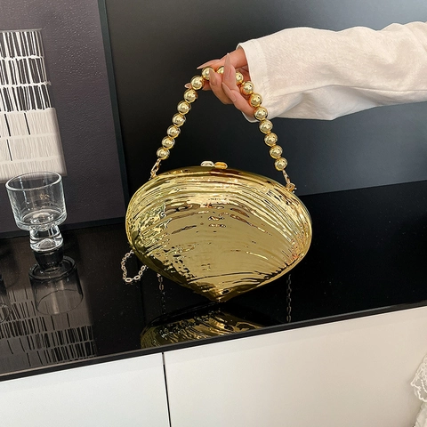 Borsa Da Sera A Conchiglia Pochette In Acrilico Con Manico Di Perline Catena Di Metallo Tracolla Per Donna Matrimonio Festa Ballo Lucido Metallico
