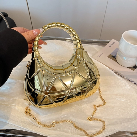 Borsa Da Sera Geometrica In Acrilico Per Donna Finitura A Specchio Metallico Borsa A Mano Con Manico Circolare Tracolla A Catena