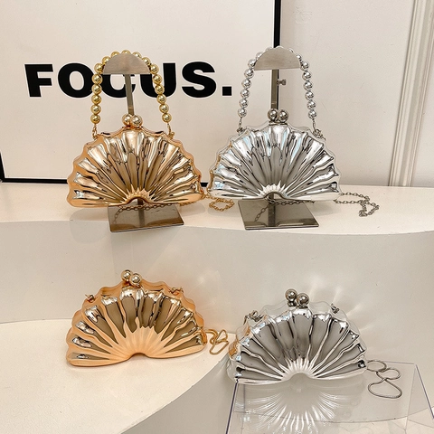 Shell Shape Evening Bag Acrylic Metallic Mirror Handbag Beaded Handle Chain Crossbody Clutch For Women Party