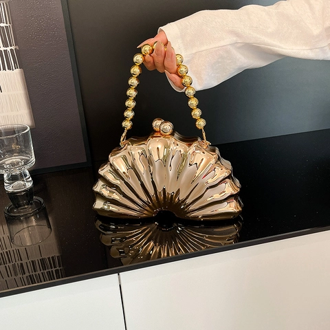 Shell Shape Evening Bag Acrylic Metallic Mirror Handbag Beaded Handle Chain Crossbody Clutch For Women Party
