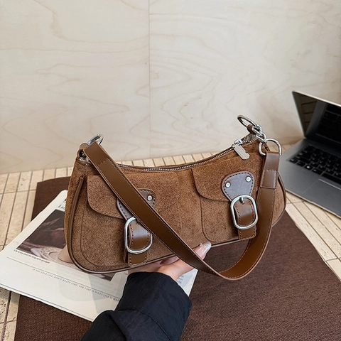 Bolso de Hombro Retro para Mujer de Gamuza y Cuero PU Bolso de Axila Con Bolsillos de Doble Hebilla Textura Mate Color Sólido