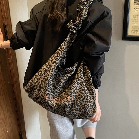 Large Capacity Leopard Print Tote Bag PU Leather Ruched Shoulder Strap Hobo Bag Vintage Casual Women Zipper Handbag