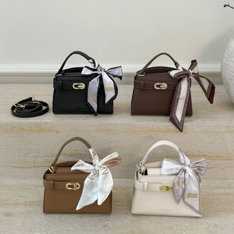 Women Retro PU Leather Lychee Pattern Handbag With Golden Metal Lock And Decorative Scarf Elegant Shoulder Crossbody Bag