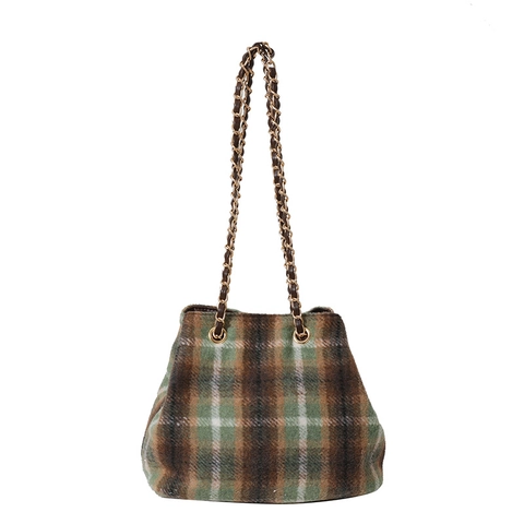 Vintage Geruite Wollen Emmertas Voor Dames Mode Kleurblok Crossbody Schoudertas Met Metalen Kettingriem Retro Woon-werkverkeer Tote
