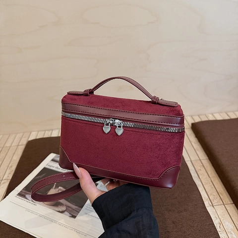 Vintage Suede And PU Leather Crossbody Bag Heart Zipper Pull Retro Vanity Handbag For Women