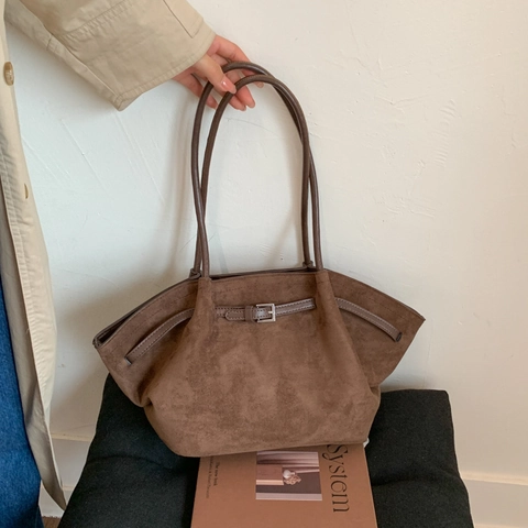 Vintage Wildleder Einkaufstasche Große Kapazität Unterarm Eimertasche Schultertasche Gürtelschnalle Damen Pendler