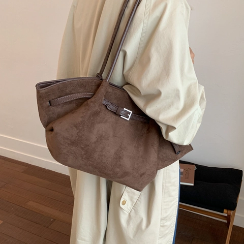Vintage Wildleder Einkaufstasche Große Kapazität Unterarm Eimertasche Schultertasche Gürtelschnalle Damen Pendler