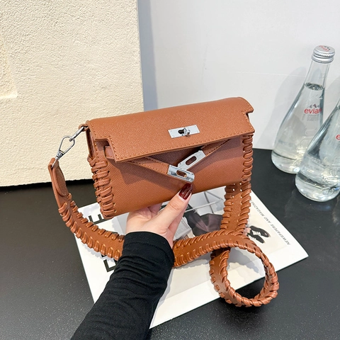 Whipstitch Crossbody Bag PU Leather Woven Wide Strap Turn Lock Square Shoulder Handbag Trendy Elegant Women Fashion