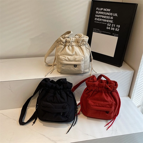 Women Nylon Puffy Quilted Bucket Bag Casual Drawstring Shoulder Crossbody Handbag With Front Pocket