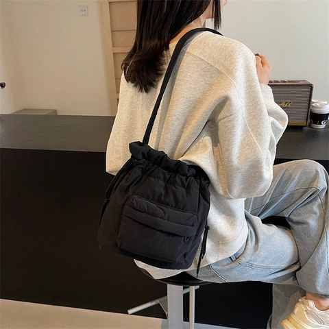 Women Nylon Puffy Quilted Bucket Bag Casual Drawstring Shoulder Crossbody Handbag With Front Pocket