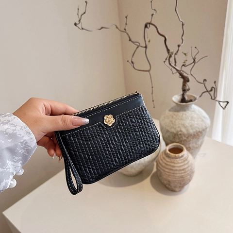 Cartera De Cuero PU Para Mujer Con Decoración De Flores Doradas Cremallera Monedero Tarjetero Con Correa De Muñeca Cartera Corta