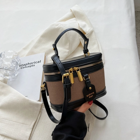 Bolso Bandolera Caja Retro Mujeres Lona Cuero PU Patchwork Color Contraste Vintage Neceser Bolso De Hombro Pequeño