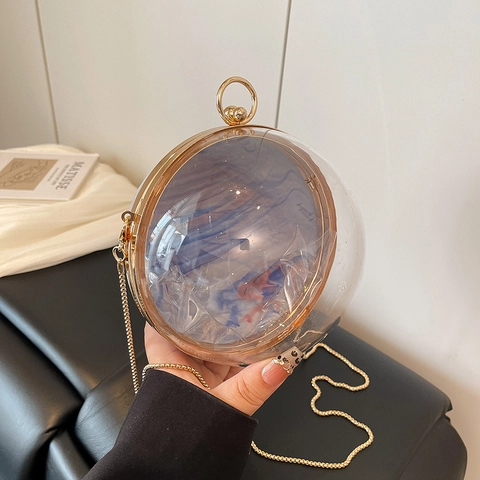 Borsa Da Sera A Sfera Clutch Acrilico Motivo Marmo Con Manico Ad Anello E Tracolla A Catena In Metallo Rimovibile Per Donna Festa