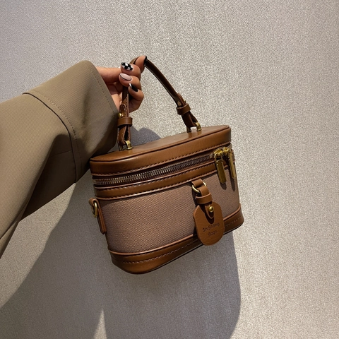 Bolso Bandolera Caja Retro Mujeres Lona Cuero PU Patchwork Color Contraste Vintage Neceser Bolso De Hombro Pequeño