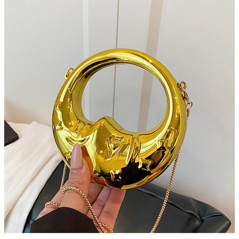 Sac De Soirée Forme Lune Acrylique Miroir Métallique Sac À Main Avec Relief Visage Poignée Circulaire Chaîne Fête Banquet Femmes