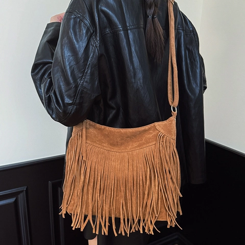 Vintage Suede Fringe Shoulder Bag Bohemian Tassel Crossbody Bag Large Capacity Retro Handbag For Women