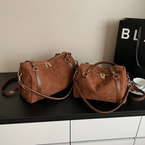Vintage Suede Frosted Leather Boston Bag Large Capacity Women Shoulder Crossbody Handbag Fashion Commuter Travel