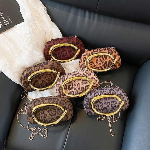 Women Leopard Print Faux Fur Crossbody Bag Golden Metal Ring Handle Elegant Shell Evening Clutch With Metal Chain Strap