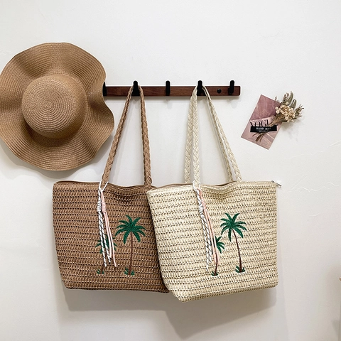 Borsa Tote In Paglia Donna Ricamo Palme Grande Capacità Vacanze Al Mare Borsa A Tralla Intrecciata Con Nappina