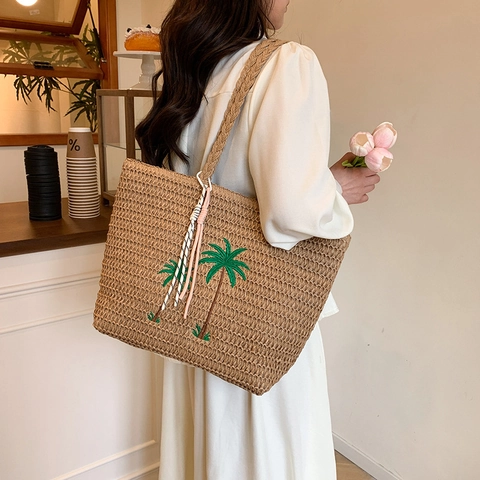 Borsa Tote In Paglia Donna Ricamo Palme Grande Capacità Vacanze Al Mare Borsa A Tralla Intrecciata Con Nappina
