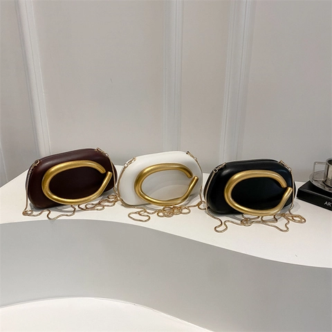 PU Leather Women Small Crossbody Bag Large Gold Metal Handle Removable Chain Strap Evening Clutch Trendy Artistic Purse