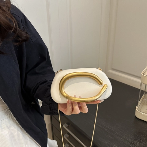 Women Evening Clutch Bag PU Leather With Artistic Metal C-Handle Chain Strap Crossbody Box Purse Minimalist Modern