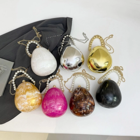 Borsa Da Sera In Acrilico A Forma Di Uovo Con Manico In Künstliche Perle E Tracolla In Catena Di Metallo Pochette Rigida Da Donna