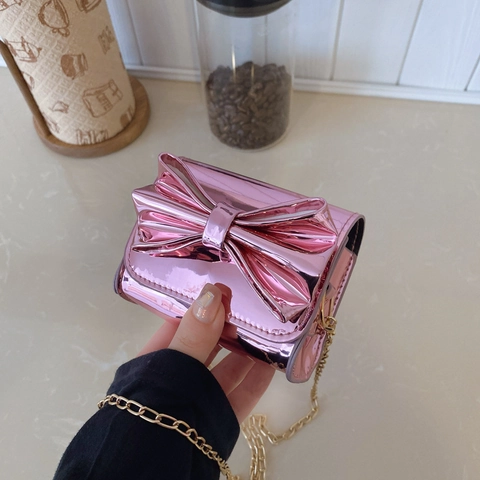 Mini Borsa A Tracolla Per Bambine Con Fiocco Decorativo Pelle PU Metallica Lucida Borsa Alla Moda Con Catena Dorata