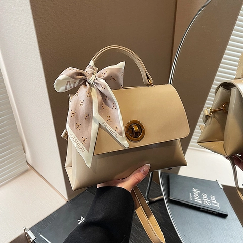 Women Crossbody Bag PU Leather Top Handle Handbag Round Metal Twist Lock Decorative Satin Scarf Vintage Office Commute