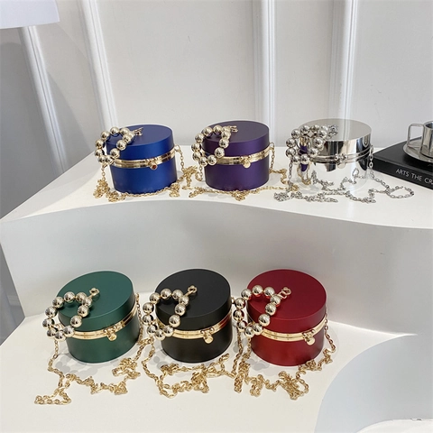 Women Cylindrical Acrylic Evening Bag Fashion Metallic Box Clutch With Large Bead Handle And Metal Chain Strap Party Bag
