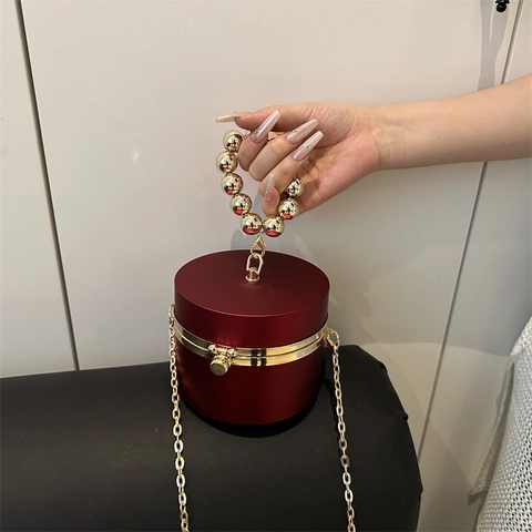 Women Cylindrical Acrylic Evening Bag Fashion Metallic Box Clutch With Large Bead Handle And Metal Chain Strap Party Bag