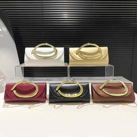 Cartera De Noche Mujer Cuero PU Con Asa De Anillo Metálico Y Correa De Cadena Crossbody Fiesta Retro Lujo Bolso