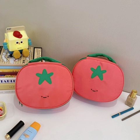 Borsa Cosmetica A Forma Di Pomodoro Nylon Impermeabile Carino Cartone Animato Smiley Organizer Trucco Portatile Con Manico A Foglia