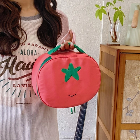 Borsa Cosmetica A Forma Di Pomodoro Nylon Impermeabile Carino Cartone Animato Smiley Organizer Trucco Portatile Con Manico A Foglia