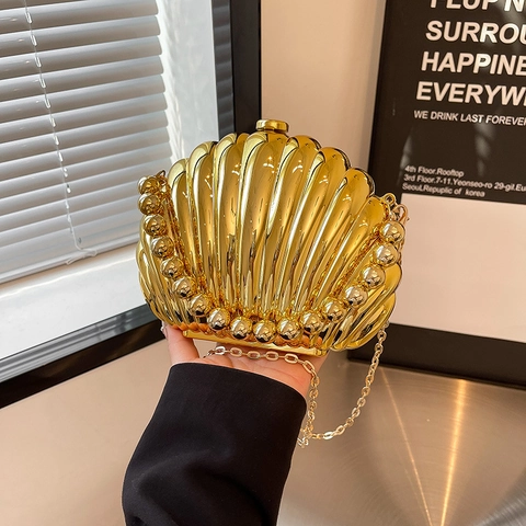 Shell Shape Metallic Acrylic Evening Bag With Artificial Pearl Bead Handle And Metal Chain Strap Fashion Clutch For Women