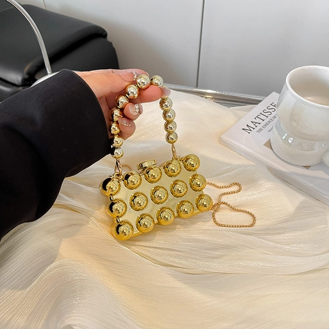 Mini Borsa Da Sera Clutch Acrilico Trama Metallo Manico Di Perline Tracolla A Catena Geometrico Motivo Sferico