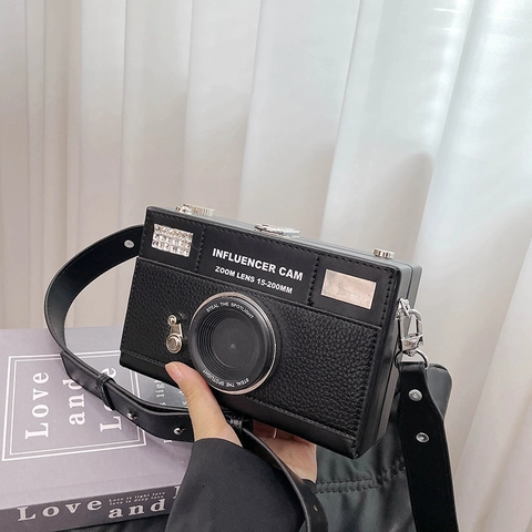 Borsa Tracolla Forma Fotocamera Creativa Pelle PU Motivo Lychee Piccola Borsa Quadrata Moda Streetwear Influencer