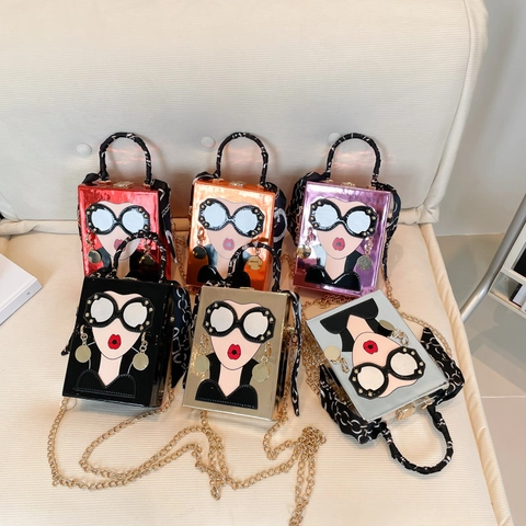 Damen Spiegel PU Leder Box Umhängetasche Pop Art Gesicht Design Schal Griff Gold Kette Gurt Trendige Nische Party Handtasche