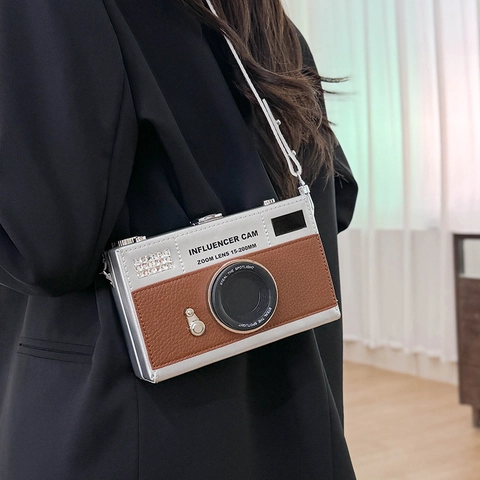 Borsa Tracolla Forma Fotocamera Creativa Pelle PU Motivo Lychee Piccola Borsa Quadrata Moda Streetwear Influencer