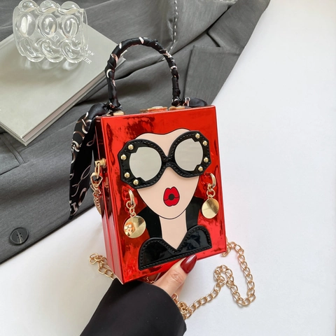 Funny Cartoon Face PU Leather Crossbody Bag Pop Art Sunglasses Red Lips With Satin Scarf Handle Gold Metal Chain Strap