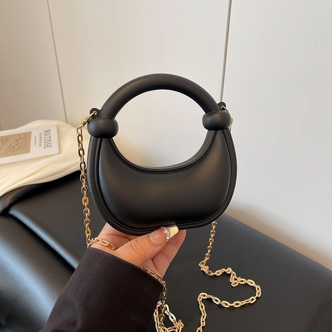 Mini Crescent Evening Bag For Women Acrylic Half Moon Clutch With Round Handle And Detachable Gold Metal Chain Strap