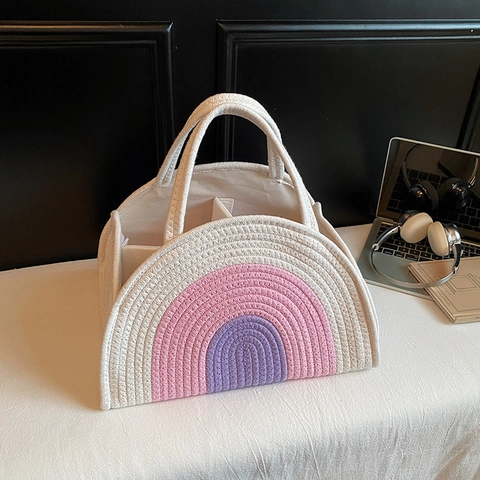 Borsa A Mano Intrecciata In Corda Di Cotone Arcobaleno Semicerchio Borsa Porta Pannolini Con Scomparti Per Donna