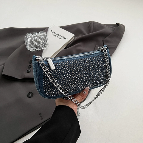 Borsa A Spalla Sottoascella Denim Strass Y2K Streetwear Tracolla A Catena Cerniera Borsa A Mano Da Donna