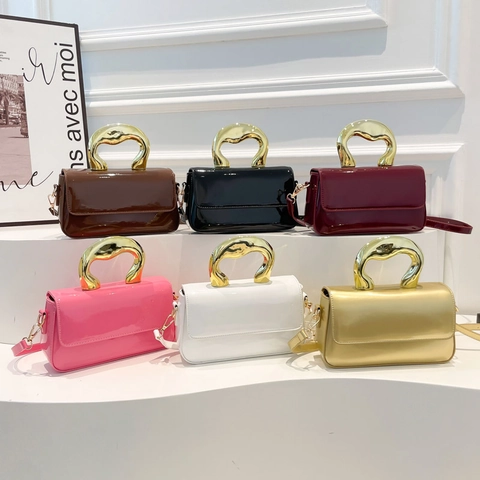 Fashion Women Patent Leather Handbag With Artistic Gold Metal Handle Chic Small Square Crossbody Shoulder Bag For Daily Use
