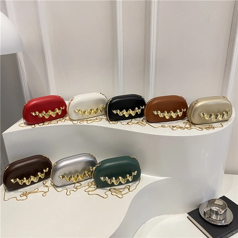 Women Acrylic Evening Bag With Wave Metal Handle Gold Chain Strap Minimalist PU Leather Oval Clutch Party Handbag