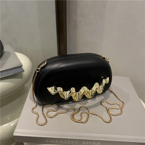 Women Acrylic Evening Bag With Wave Metal Handle Gold Chain Strap Minimalist PU Leather Oval Clutch Party Handbag