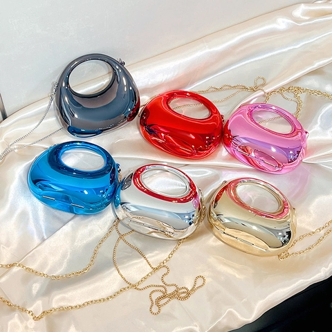 Acrylic Evening Bag Mini Mirror Finish Crescent Shape Round Hollow Handle Metallic Clutch Crossbody Chain Strap Women