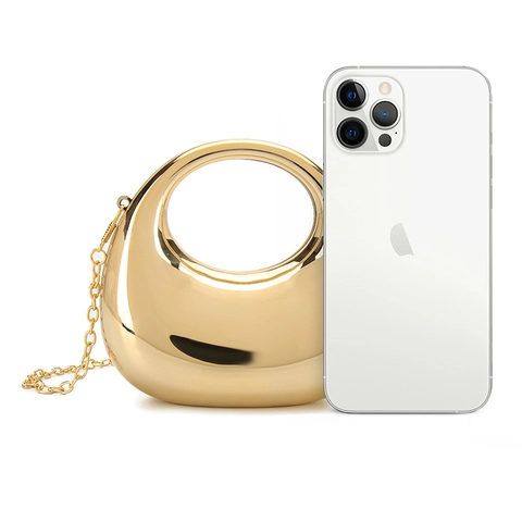 Acrylic Evening Bag Mini Mirror Finish Crescent Shape Round Hollow Handle Metallic Clutch Crossbody Chain Strap Women
