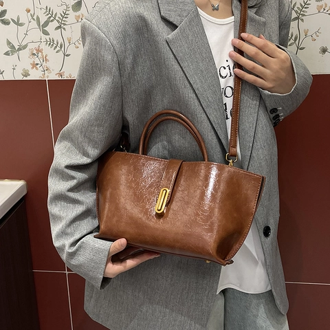 Sac Fourre-tout Vintage en Cuir PU Grande Capacité pour Femmes Avec Boucle de Verrouillage Sac à Bandoulière pour Trajet